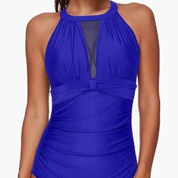 Tempt Me Women One Piece Swimsuit High Neck Plunge Mesh Ruched Monokini Swimwear - Picture 1 of 14